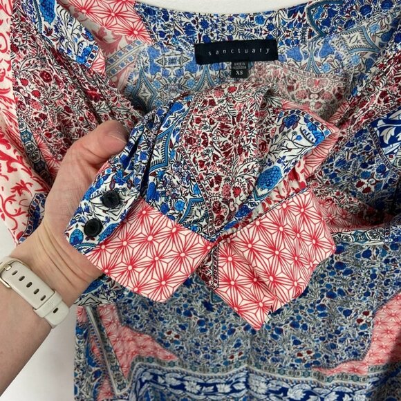 Sanctuary Bohemian Patchwork Print Blue Pink Long Sleeve Shift Dress Festival XS - Picture 7 of 13